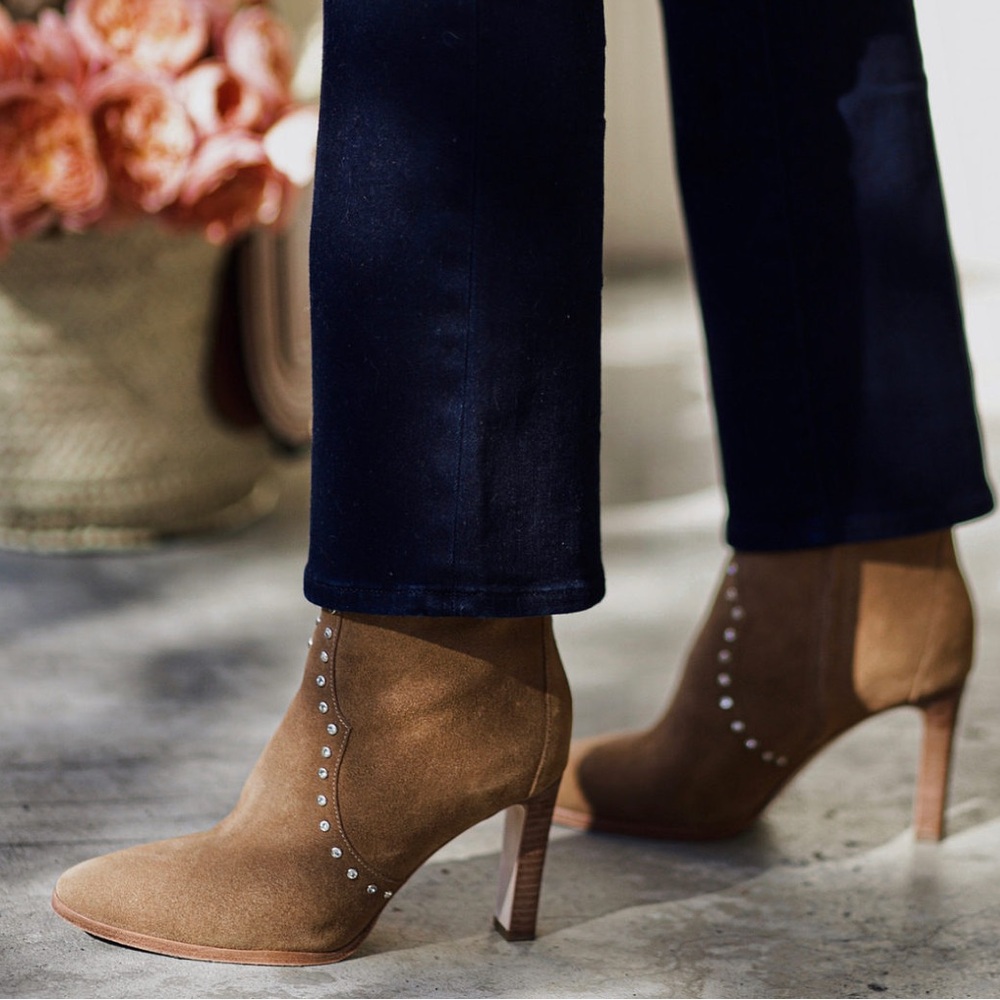 NWT Paige Casey Bootie Crystals Stiletto Pointed Toe Suede Leather Cognac 10.5